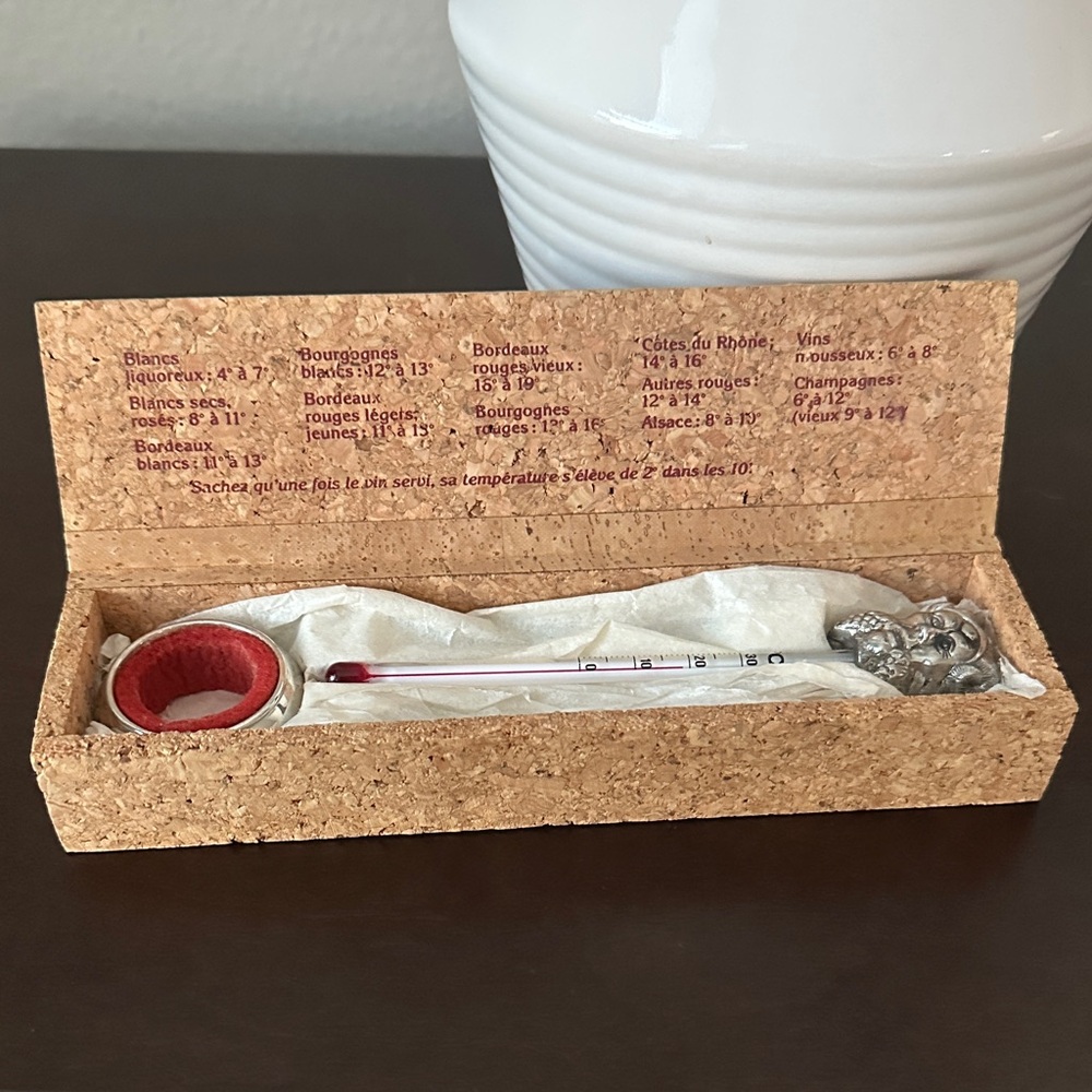 Vtg Mcm Wine Thermometer In Cork Case Thermo Vin France Stop Goutte